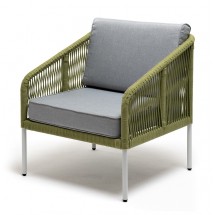 "Канны" кресло плетеное из роупа, каркас алюминий светло-серый (RAL7035) шагрень, роуп салатовый круглый, ткань светло-серая