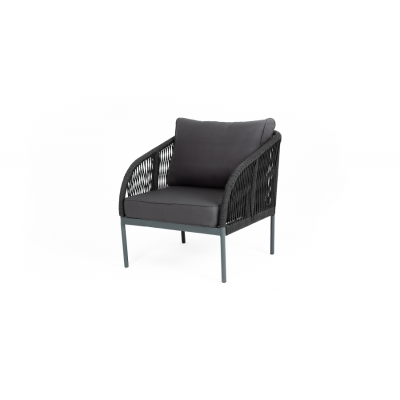 "Канны" кресло плетеное из роупа, каркас алюминий серый (RAL7022) матовый, роуп темно-серый круглый, ткань темно-серая