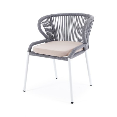 "Милан" стул плетеный из роупа, каркас алюминий белый шагрень, роуп светло-серый круглый, ткань бежевая