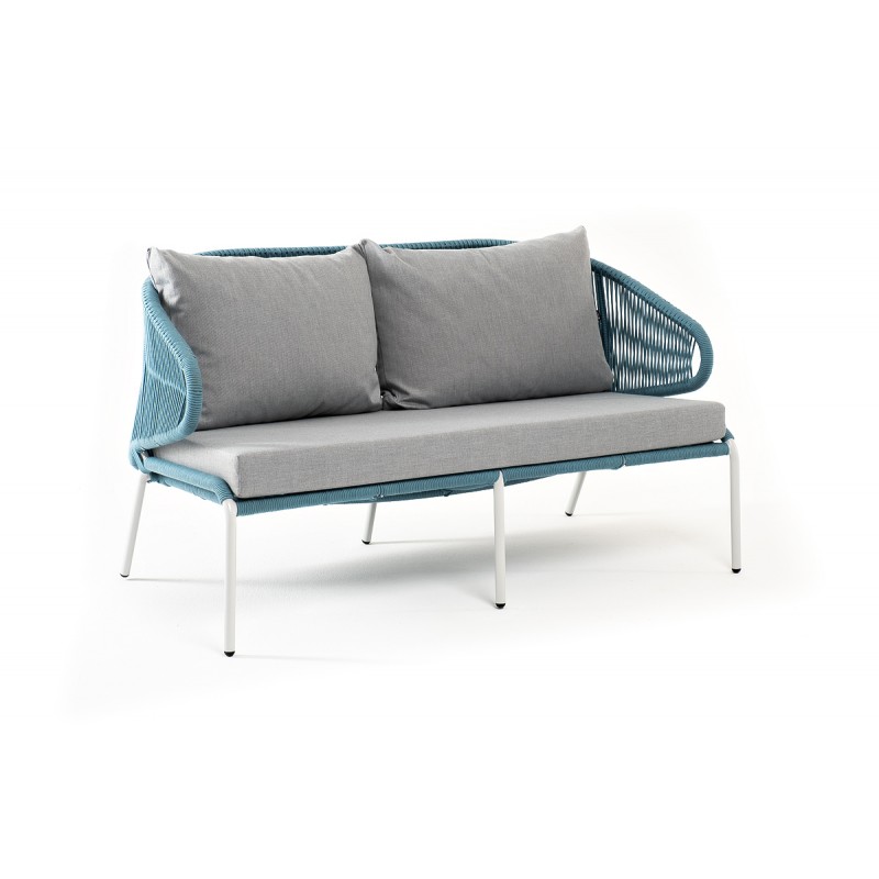 "Милан" диван 2-местный плетеный из роупа, каркас алюминий светло-серый (RAL7035) шагрень, роуп бирюзовый круглый, ткань светло-серая