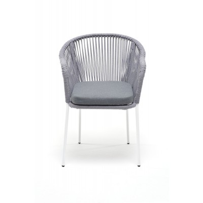 "Лион" стул плетеный из роупа, каркас из стали белый, роуп светло-серый круглый, ткань светло-серая