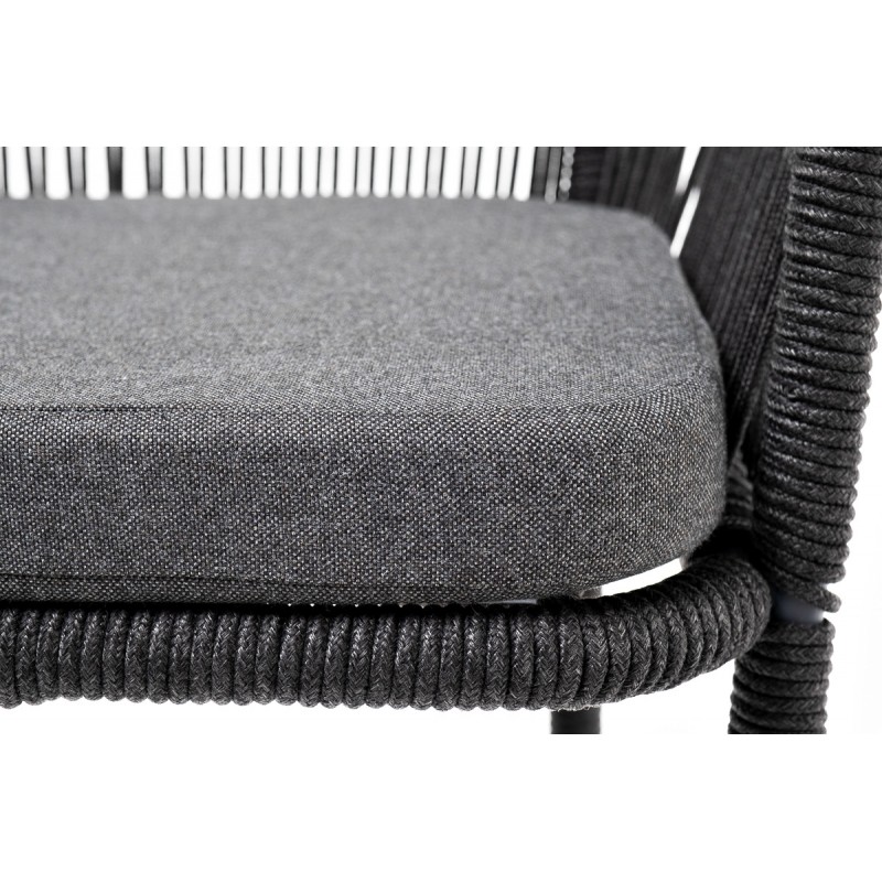 "Марсель" стул барный плетеный из роупа, каркас из стали серый (RAL7022), роуп темно-серый круглый, ткань темно-серая
