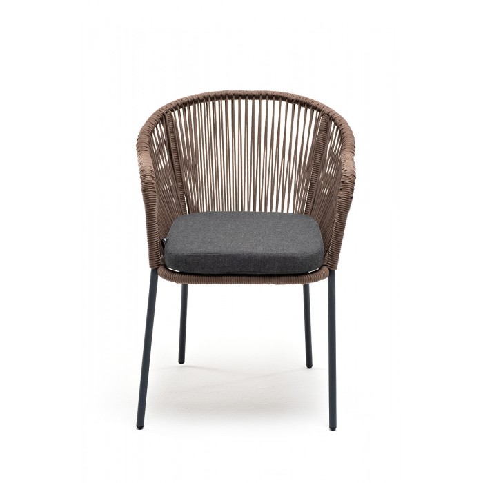 "Лион" стул плетеный из роупа, каркас из стали серый (RAL7022) шагрень, роуп коричневый круглый, ткань темно-серая