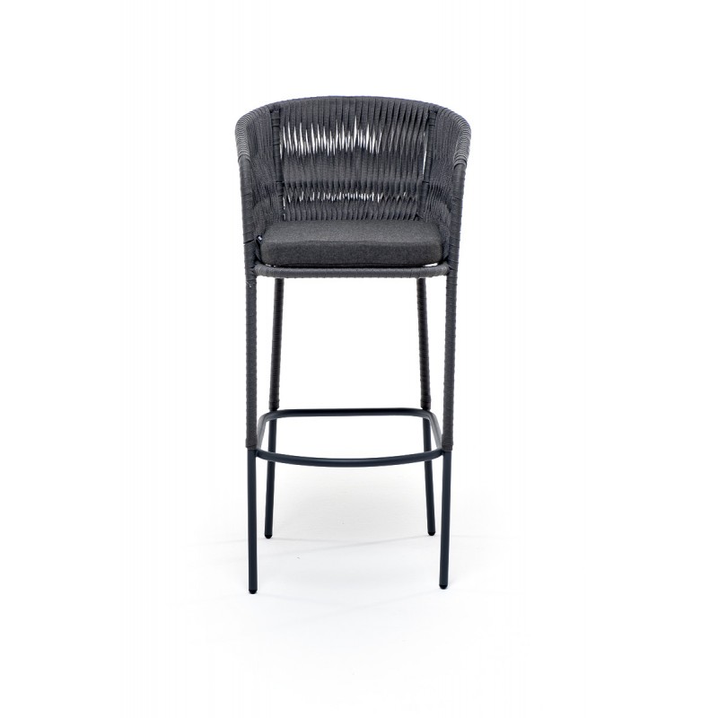 "Бордо" стул барный плетеный из роупа (колос), каркас из стали серый (RAL7022) муар, роуп серый 15мм, ткань темно-серая