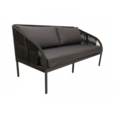 "Канны" диван 2-местный плетеный из роупа, каркас алюминий темно-серый (RAL7024) матовый, роуп темно-серый круглый, ткань интерьерная