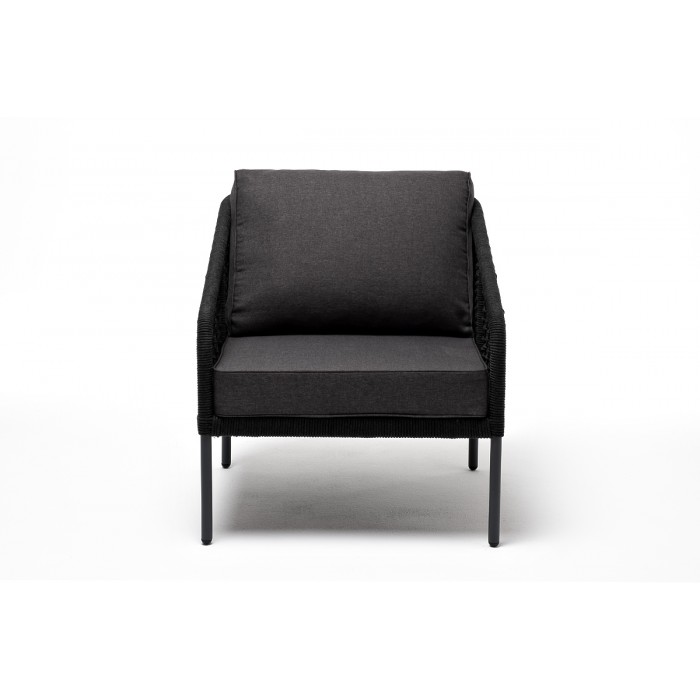 "Канны" кресло плетеное из роупа (узелки), каркас алюминий темно-серый (RAL7024) муар, роуп темно-серый круглый, ткань Savana Grafit