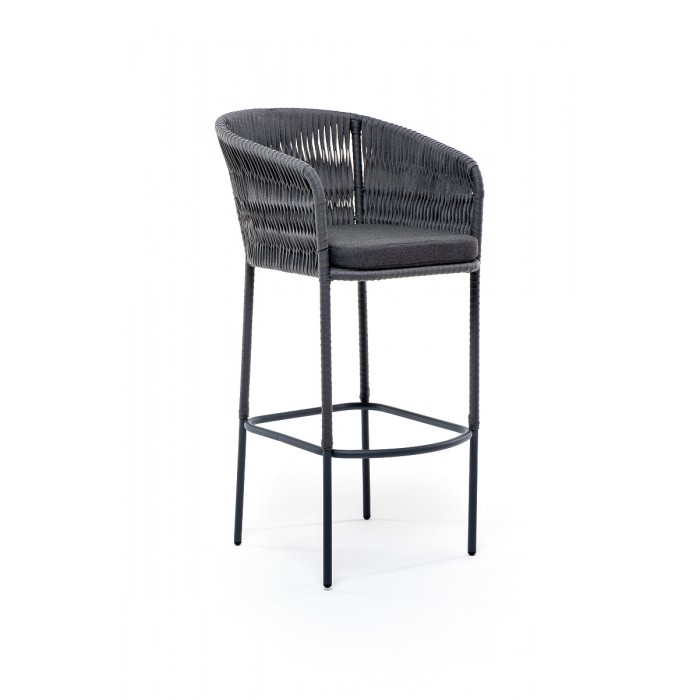 "Бордо" стул барный плетеный из роупа (колос), каркас из стали серый (RAL7022) муар, роуп серый 15мм, ткань темно-серая