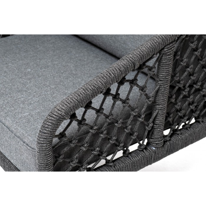 "Канны" диван 2-местный плетеный из роупа (узелки), каркас алюминий темно-серый (RAL7024) муар, роуп темно-серый круглый, ткань темно-серая