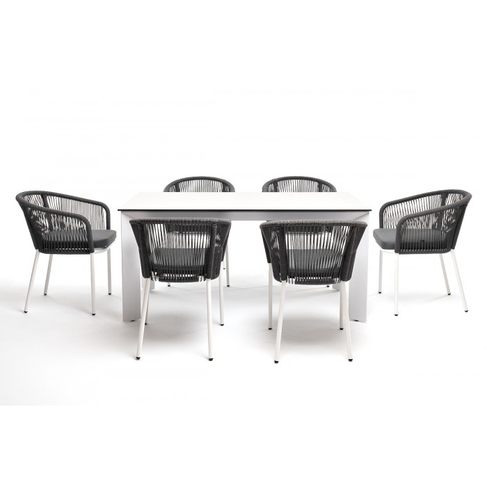 "Венето" обеденная группа на 6 персон со стульями "Марсель", каркас белый, роуп серый