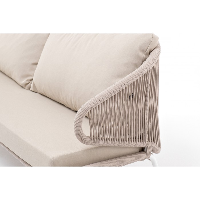 "Милан" диван 3-местный плетеный из роупа, каркас алюминий белый, роуп бежевый круглый, ткань бежевая