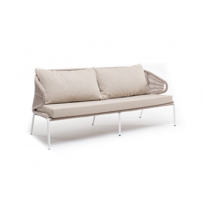"Милан" диван 3-местный плетеный из роупа, каркас алюминий белый, роуп бежевый круглый, ткань бежевая