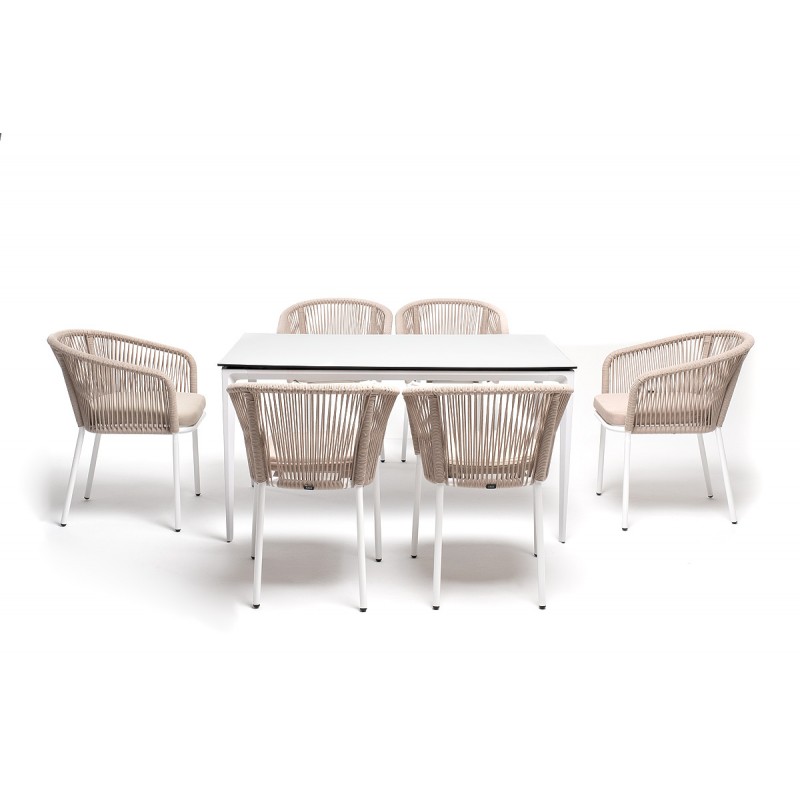 "Малага" обеденная группа на 6 персон со стульями "Марсель", каркас белый, роуп бежевый