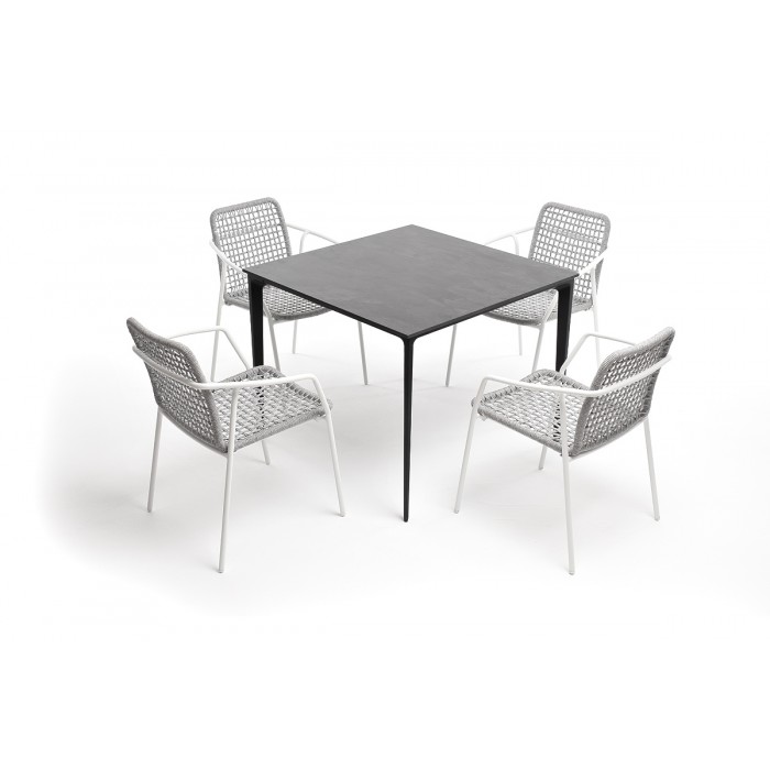 "Малага" обеденная группа на 4 персоны со стульями "Тунис", каркас белый, роуп светло-серый