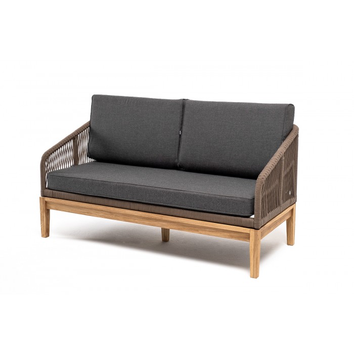 "Канны" диван 2-местный плетеный из роупа, основание дуб, роуп коричневый круглый, ткань темно-серая