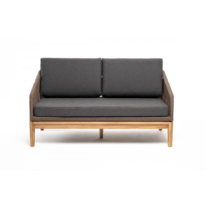 "Канны" диван 2-местный плетеный из роупа, основание дуб, роуп коричневый круглый, ткань темно-серая