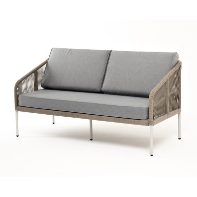 "Канны" диван 2-местный плетеный из роупа, каркас алюминий светло-серый (RAL7035) шагрень, роуп серый меланж круглый, ткань светло-серая