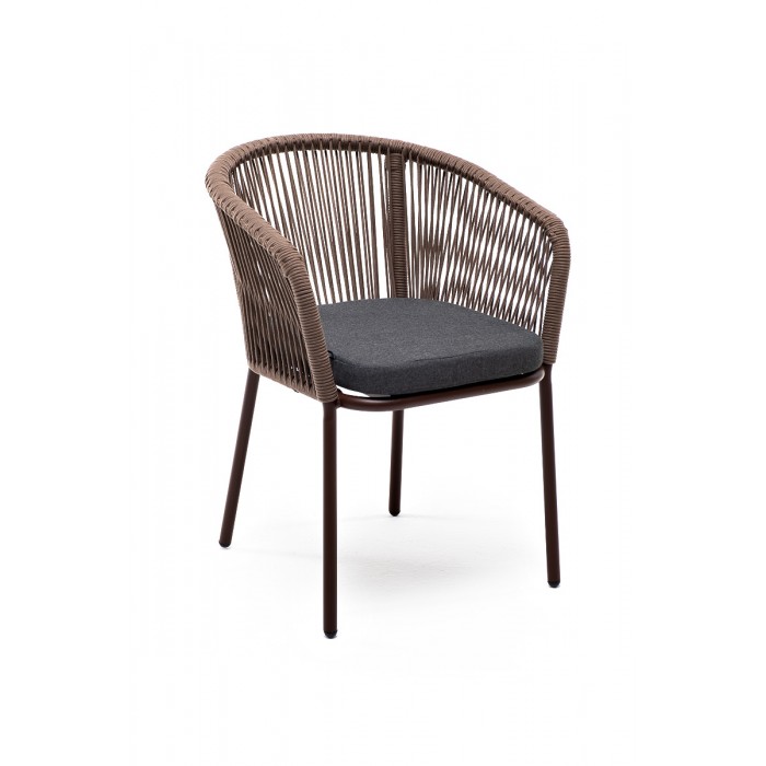 "Марсель" стул плетеный из роупа, каркас алюминий коричневый (RAL8016) муар, роуп коричневый круглый, ткань темно-серая