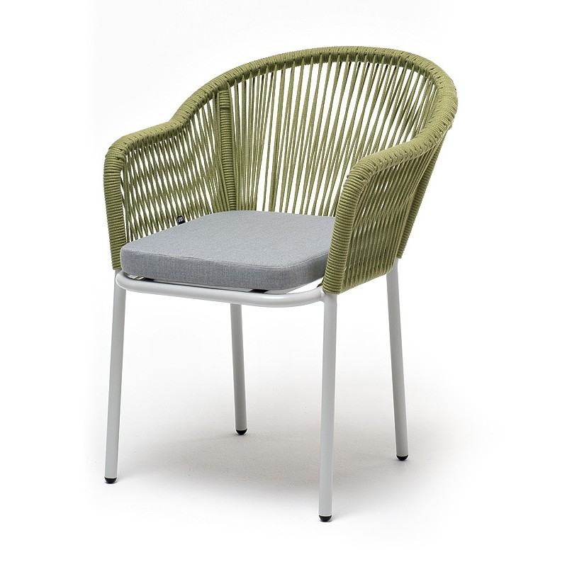 "Лион" стул плетеный из роупа, каркас из стали светло-серый (RAL7035) шагрень, роуп салатовый круглый, ткань светло-серая