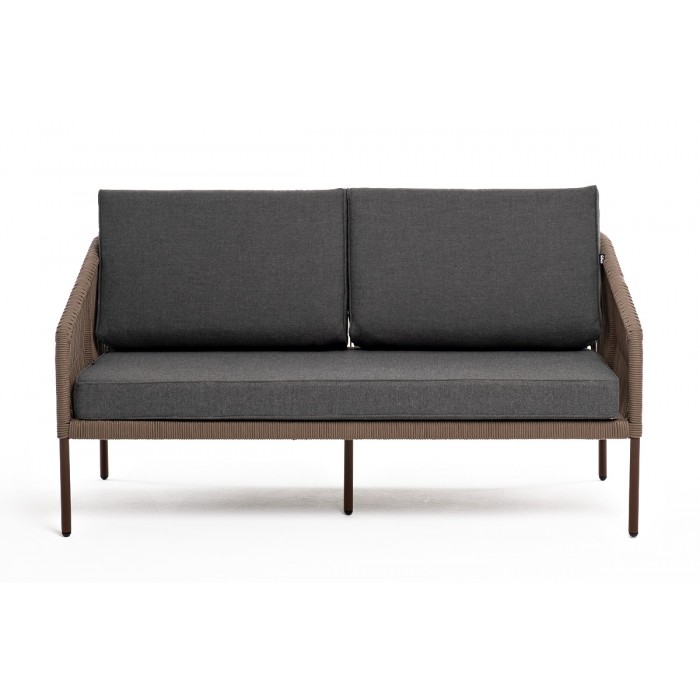 "Канны" диван 2-местный плетеный из роупа, каркас алюминий коричневый (RAL8016), роуп коричневый круглый, ткань темно-серая