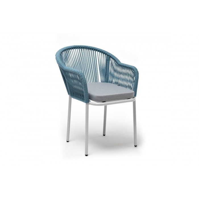 "Лион" стул плетеный из роупа, каркас из стали светло-серый (RAL7035) шагрень, роуп бирюзовый круглый, ткань светло-серая