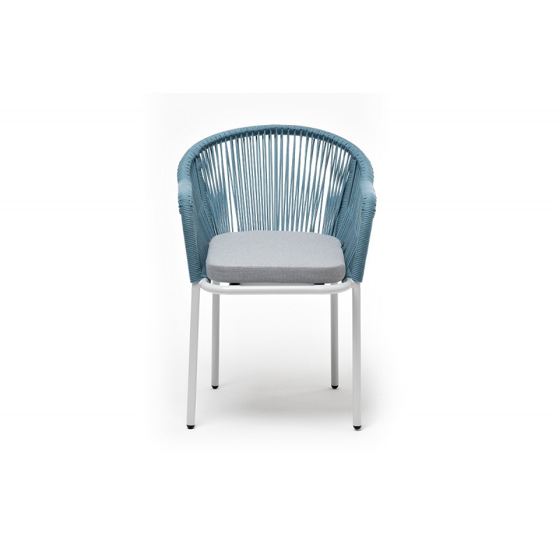 "Лион" стул плетеный из роупа, каркас из стали светло-серый (RAL7035) шагрень, роуп бирюзовый круглый, ткань светло-серая