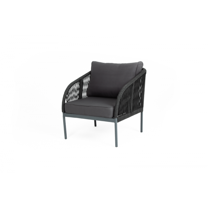 "Канны" кресло плетеное из роупа, каркас алюминий темно-серый (RAL7024) муар, роуп темно-серый круглый, ткань Savana grafit
