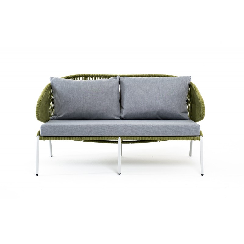 "Милан" диван 2-местный плетеный из роупа, каркас алюминий светло-серый (RAL7035) шагрень, роуп салатовый круглый, ткань светло-серая