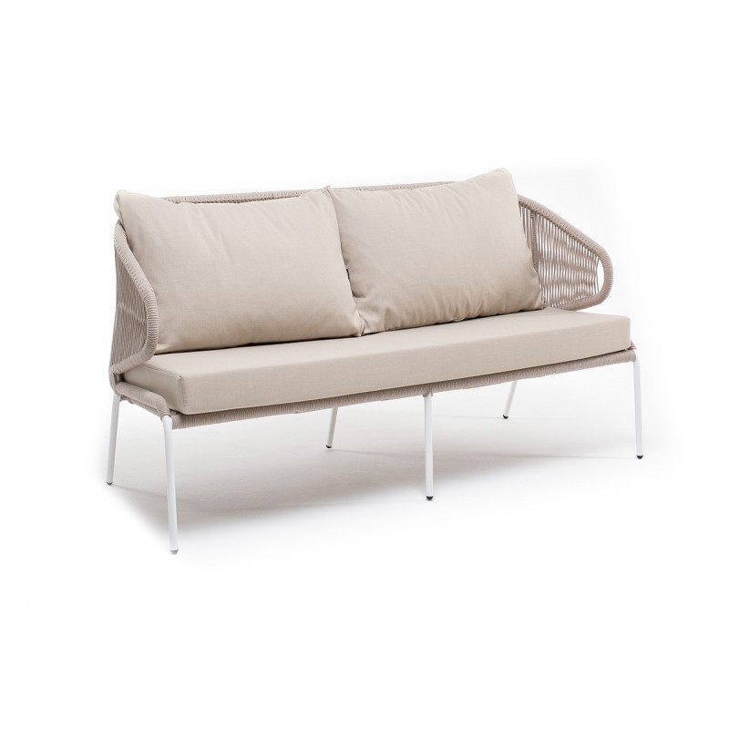 "Милан" диван 2-местный плетеный из роупа, каркас алюминий белый, роуп бежевый круглый, ткань бежевая