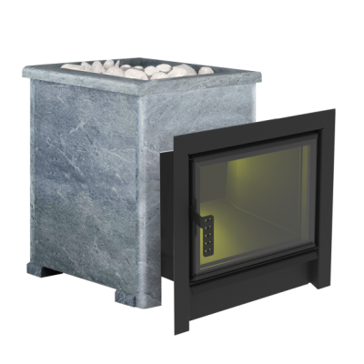 Печь-камин "Флагман" 15 в КАМЕННОЙ ОБЛИЦОВКЕ