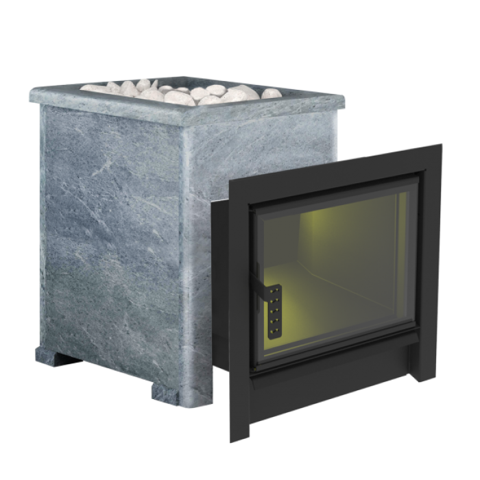 Печь-камин "Флагман" 15 в КАМЕННОЙ ОБЛИЦОВКЕ