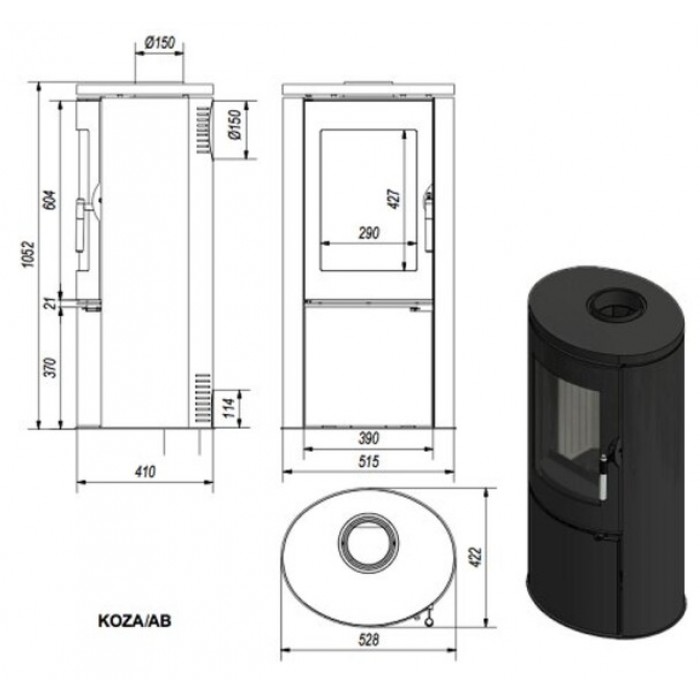 Печь-камин KRATKI KOZA/AB/S/DR/KAFEL/CZARNY (кафель черный) (8 кВт) 528*1052*422мм