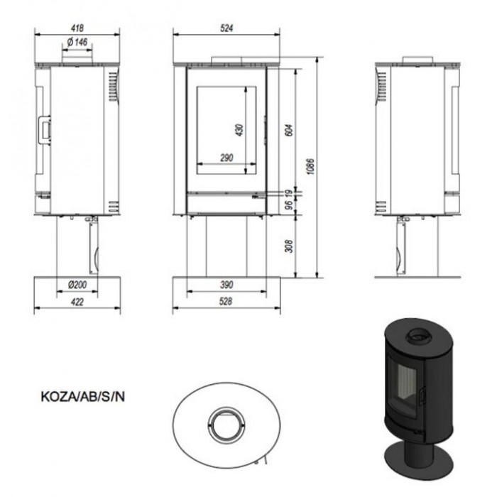 Печь-камин KRATKI KOZA/AB/S/N/DR/KAFEL/CZERWONY (сталь, кафель красный) (8 кВт) 528*1086*422мм