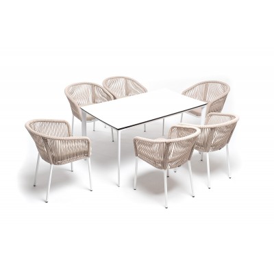 "Малага" обеденная группа на 6 персон со стульями "Марсель", каркас белый, роуп бежевый