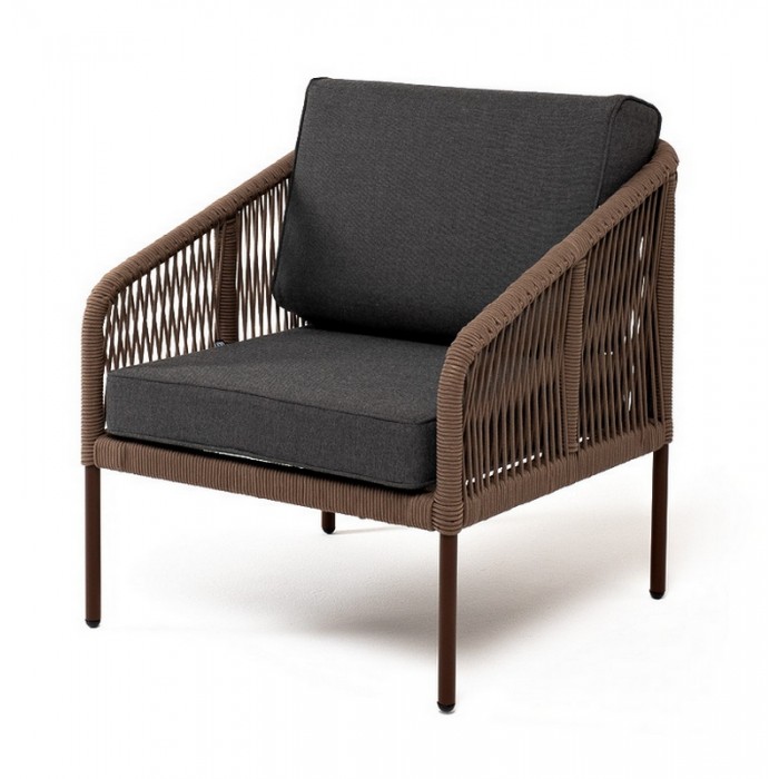 "Канны" кресло плетеное из роупа, каркас алюминий коричневый (RAL8016), роуп коричневый круглый, ткань темно-серая